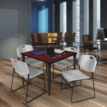 48 Square Breakroom Table- Mahogany Top, Black Base & 4 Zeng Stack Chairs- Grey