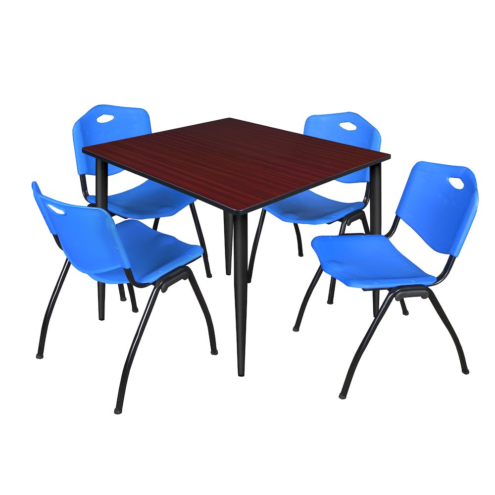 48 in. Square Breakroom Table- Mahogany Top, Black Base & 4 M Stack Chairs- Blue