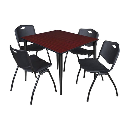 48 Square Breakroom Table- Mahogany Top, Black Base & 4 M Stack Chairs- Black