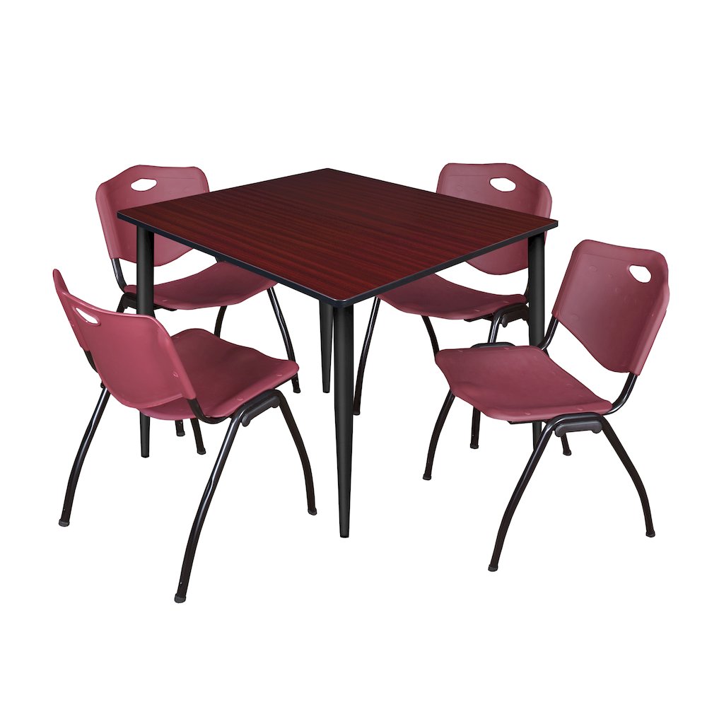 48 Square Breakroom Table- Mahogany Top, Black Base & 4 M Stack Chairs- Burgundy