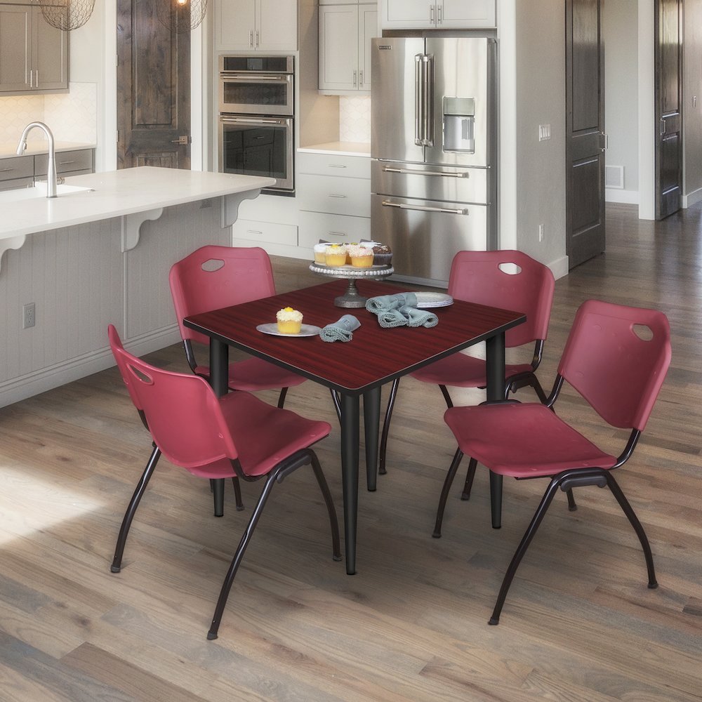 48 Square Breakroom Table- Mahogany Top, Black Base & 4 M Stack Chairs- Burgundy