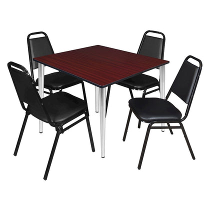 48 Square Breakroom Table- Mahogany Top, Chrome Base & 4 Stack Chairs- Black