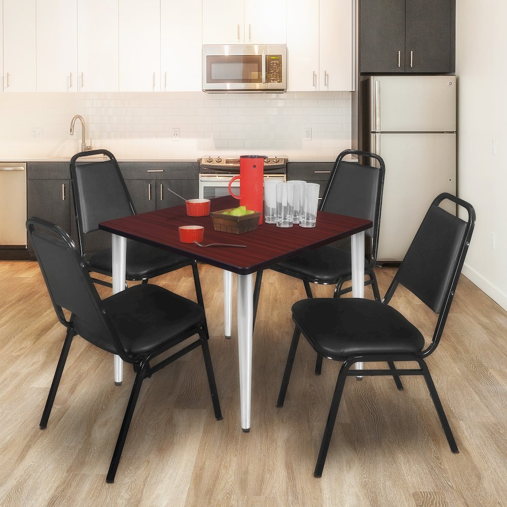 48 Square Breakroom Table- Mahogany Top, Chrome Base & 4 Stack Chairs- Black