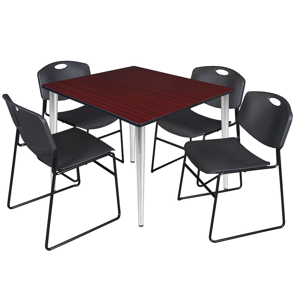 48 Square Breakroom Table- Mahogany Top, Chrome Base & 4 Stack Chairs- Black