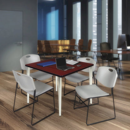 48 Square Breakroom Table- Mahogany Top, Chrome Base & 4 Zeng Stack Chairs- Grey