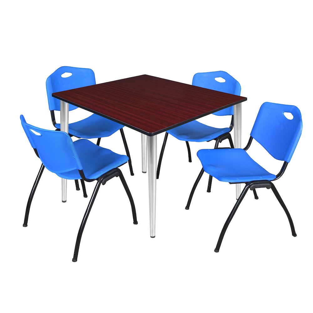 48 Square Breakroom Table- Mahogany Top, Chrome Base & 4 M Stack Chairs- Blue