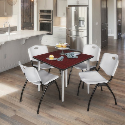 48 Square Breakroom Table- Mahogany Top, Chrome Base & 4 M Stack Chairs- Grey
