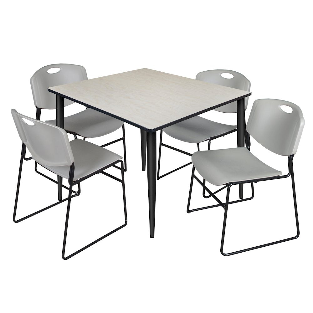 48 in. Square Breakroom Table- Maple Top, Black Base & 4 Zeng Stack Chairs- Grey