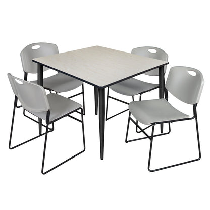 48 in. Square Breakroom Table- Maple Top, Black Base & 4 Zeng Stack Chairs- Grey
