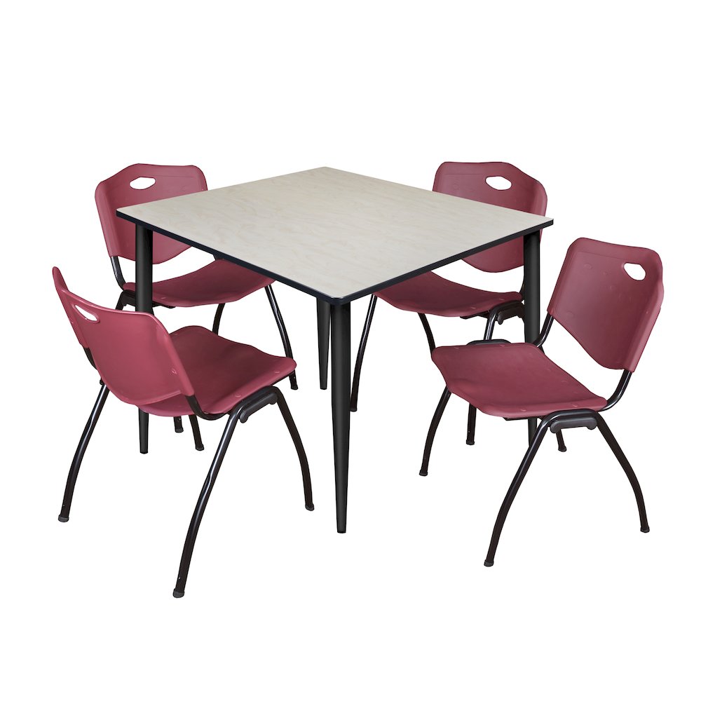 48 Square Breakroom Table- Maple Top, Black Base & 4 M Stack Chairs- Burgundy