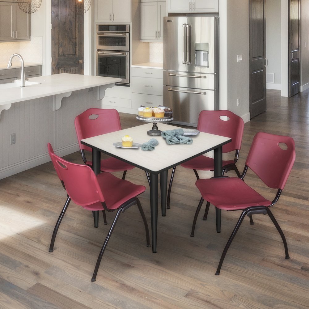 48 Square Breakroom Table- Maple Top, Black Base & 4 M Stack Chairs- Burgundy