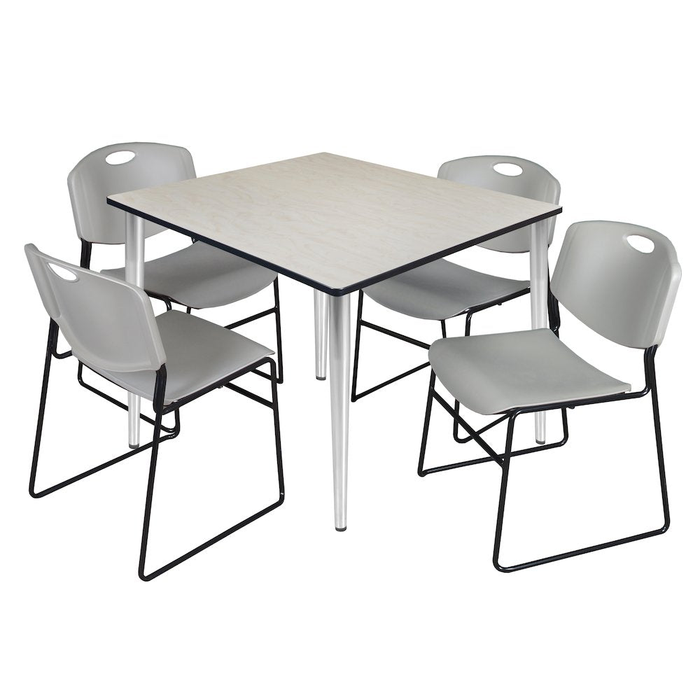 48 Square Breakroom Table- Maple Top, Chrome Base & 4 Zeng Stack Chairs- Grey