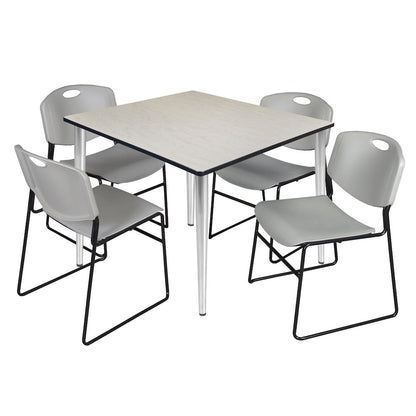 48 Square Breakroom Table- Maple Top, Chrome Base & 4 Zeng Stack Chairs- Grey