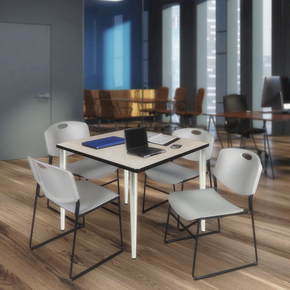 48 Square Breakroom Table- Maple Top, Chrome Base & 4 Zeng Stack Chairs- Grey