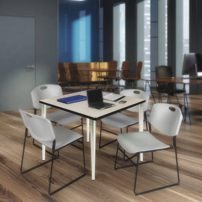 48 Square Breakroom Table- Maple Top, Chrome Base & 4 Zeng Stack Chairs- Grey