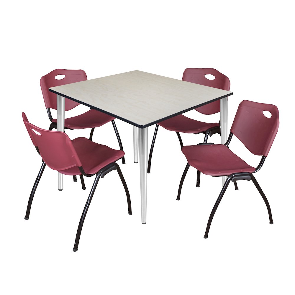 48 Square Breakroom Table- Maple Top, Chrome Base & 4 M Stack Chairs- Burgundy