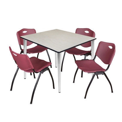 48 Square Breakroom Table- Maple Top, Chrome Base & 4 M Stack Chairs- Burgundy