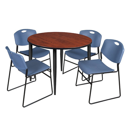 48 in. Round Breakroom Table- Cherry Top, Black Base & 4 Zeng Stack Chairs- Blue
