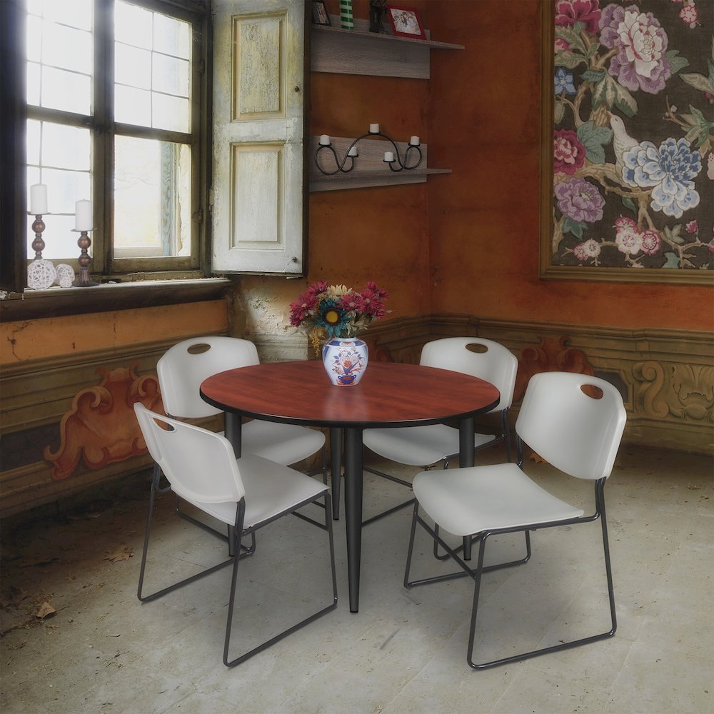 48 in. Round Breakroom Table- Cherry Top, Black Base & 4 Zeng Stack Chairs- Grey