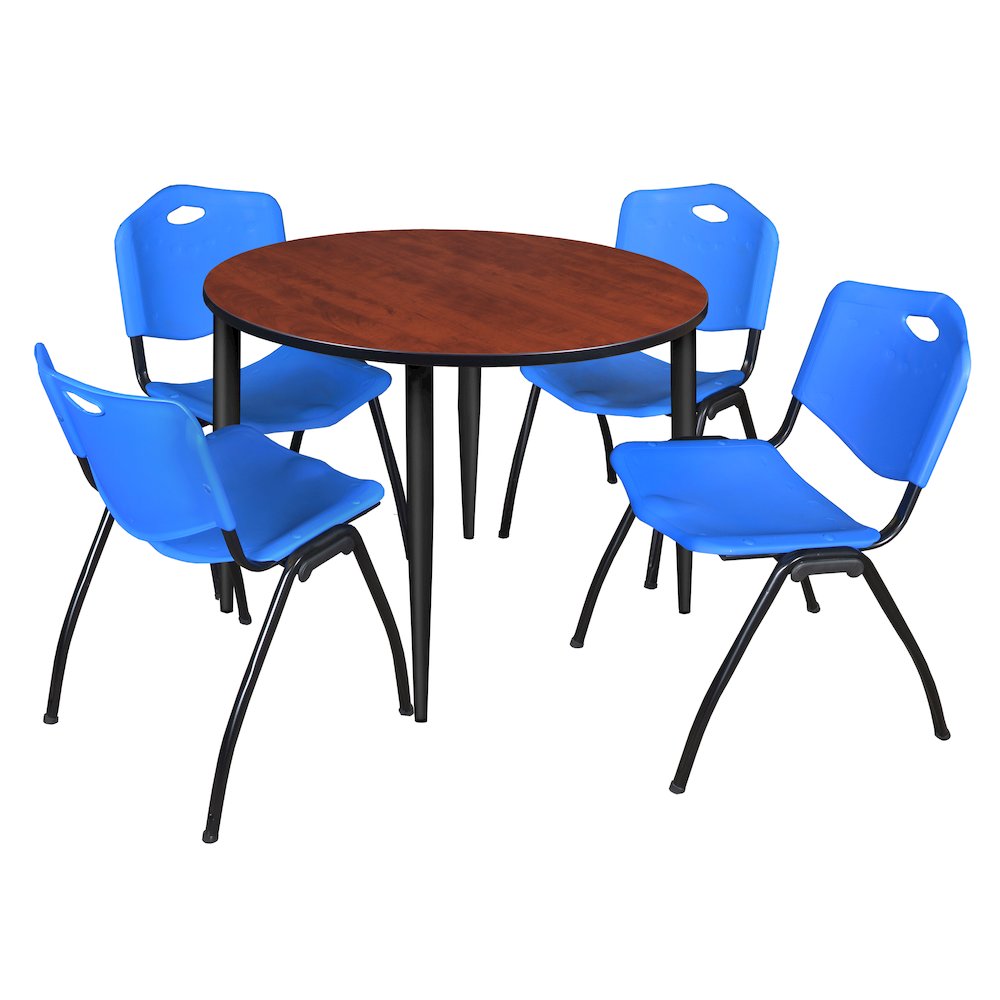48 in. Round Breakroom Table- Cherry Top, Black Base & 4 M Stack Chairs- Blue