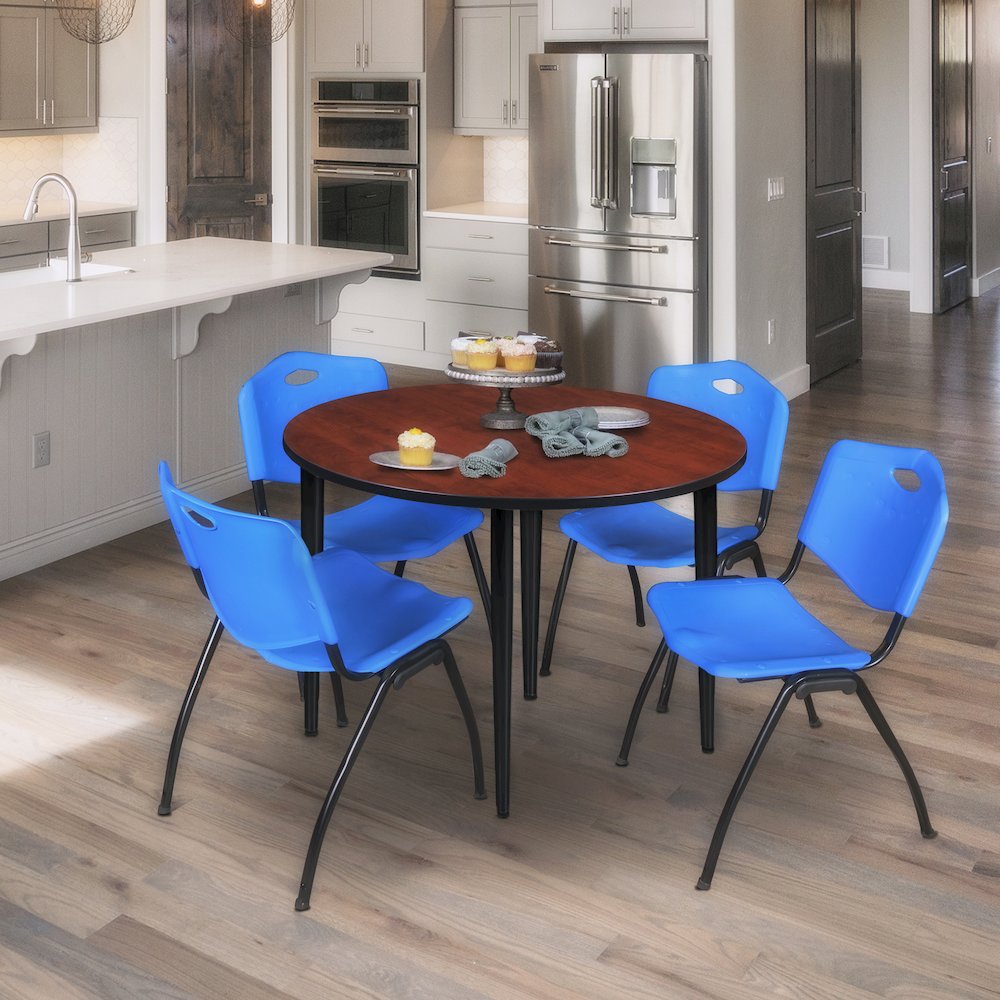 48 in. Round Breakroom Table- Cherry Top, Black Base & 4 M Stack Chairs- Blue