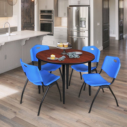 48 in. Round Breakroom Table- Cherry Top, Black Base & 4 M Stack Chairs- Blue