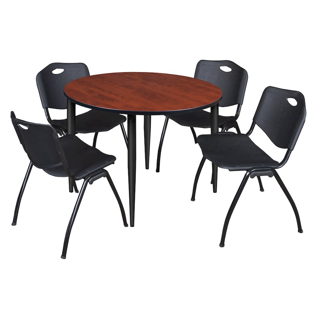 48 in. Round Breakroom Table- Cherry Top, Black Base & 4 M Stack Chairs- Black