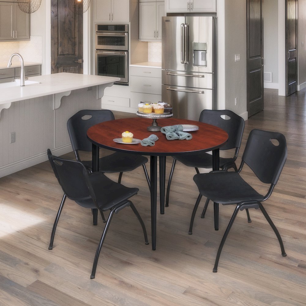 48 in. Round Breakroom Table- Cherry Top, Black Base & 4 M Stack Chairs- Black