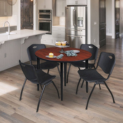 48 in. Round Breakroom Table- Cherry Top, Black Base & 4 M Stack Chairs- Black