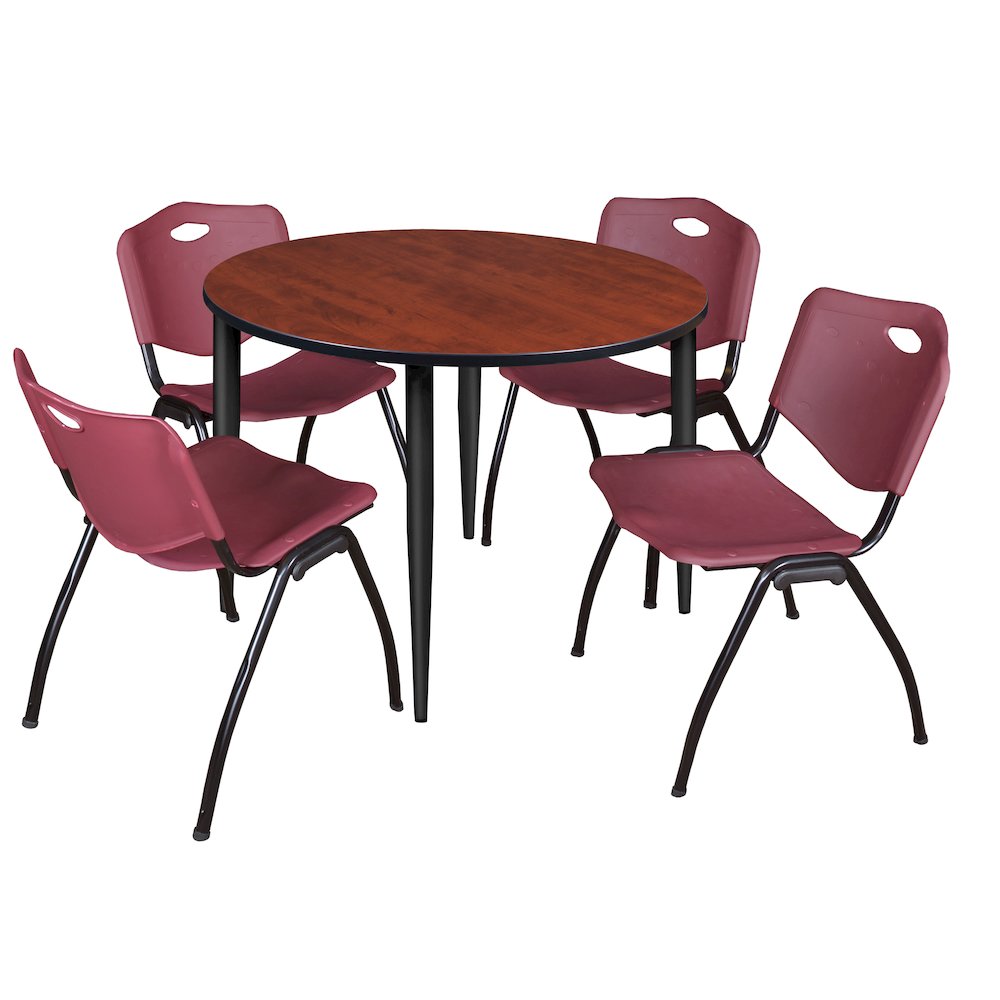 48 Round Breakroom Table- Cherry Top, Black Base & 4 M Stack Chairs- Burgundy