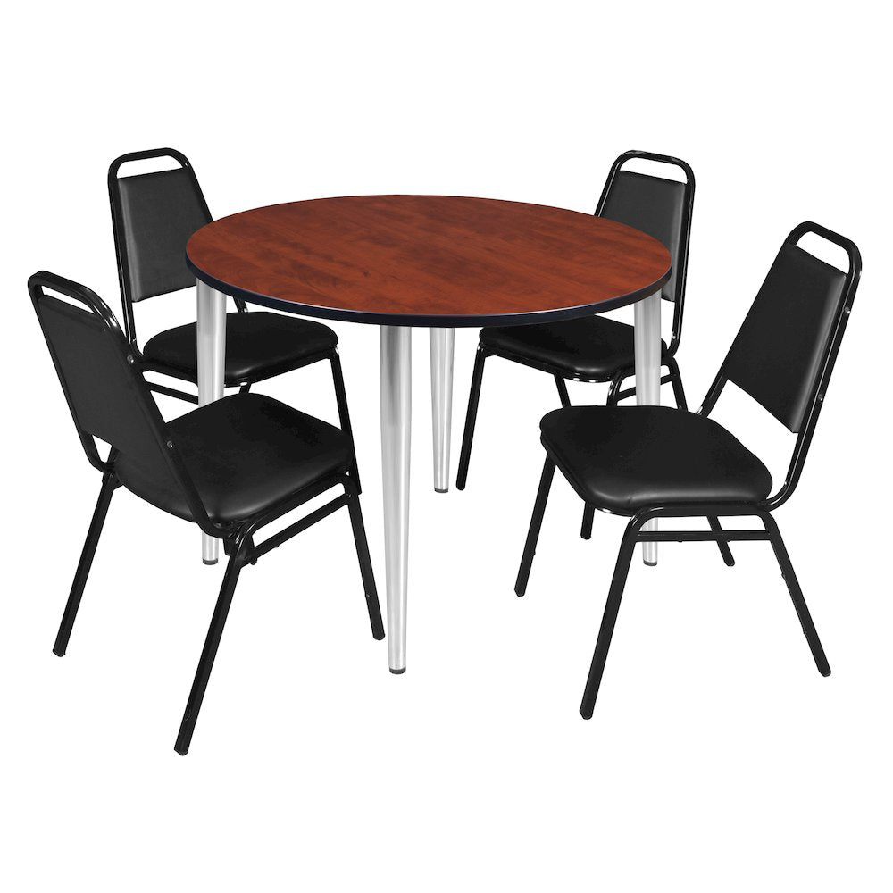48 Round Breakroom Table- Cherry Top, Chrome Base & 4 Stack Chairs- Black