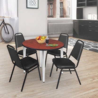 48 Round Breakroom Table- Cherry Top, Chrome Base & 4 Stack Chairs- Black