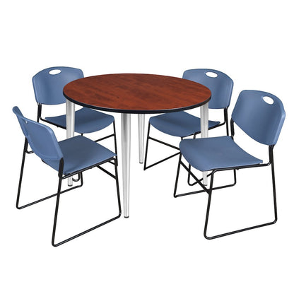 48 Round Breakroom Table- Cherry Top, Chrome Base & 4 Zeng Stack Chairs- Blue