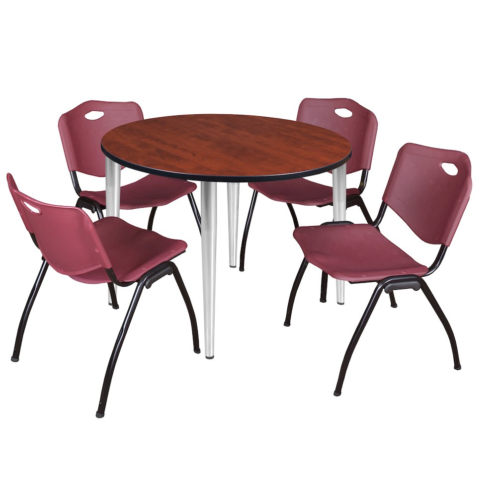 48 Round Breakroom Table- Cherry Top, Chrome Base & 4 M Stack Chairs- Burgundy