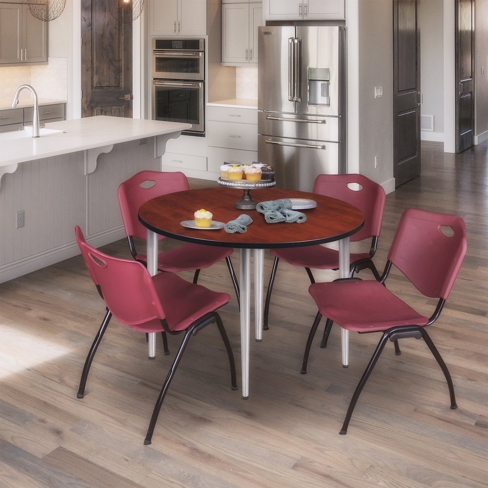 48 Round Breakroom Table- Cherry Top, Chrome Base & 4 M Stack Chairs- Burgundy