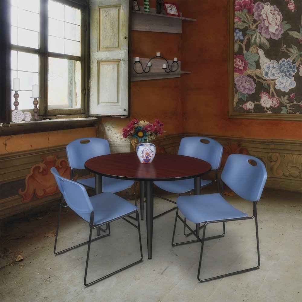 48 Round Breakroom Table- Mahogany Top, Black Base & 4 Zeng Stack Chairs- Blue