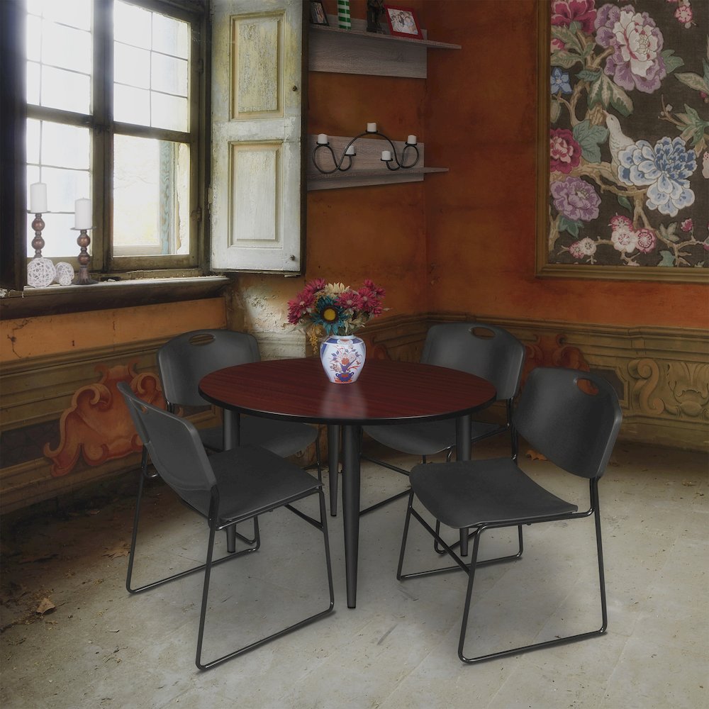 48 Round Breakroom Table- Mahogany Top, Black Base & 4 Zeng Stack Chairs- Black