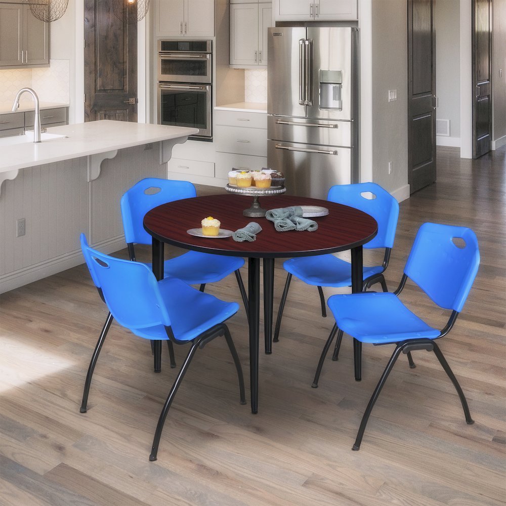 48 in. Round Breakroom Table- Mahogany Top, Black Base & 4 M Stack Chairs- Blue