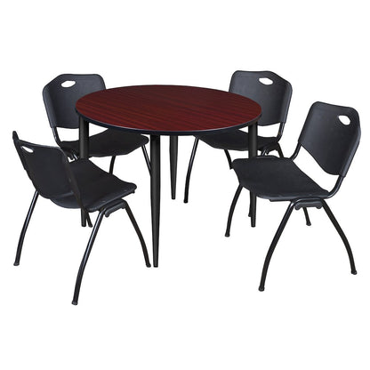 48 in. Round Breakroom Table- Mahogany Top, Black Base & 4 M Stack Chairs- Black