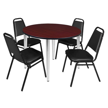 48 Round Breakroom Table- Mahogany Top, Chrome Base & 4 Stack Chairs- Black