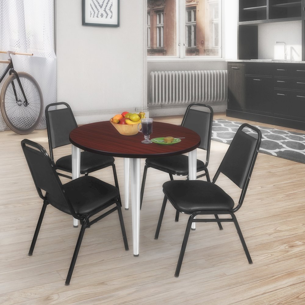 48 Round Breakroom Table- Mahogany Top, Chrome Base & 4 Stack Chairs- Black