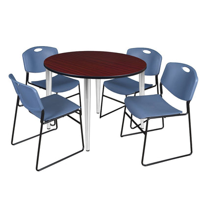 48 Round Breakroom Table- Mahogany Top, Chrome Base & 4 Zeng Stack Chairs- Blue