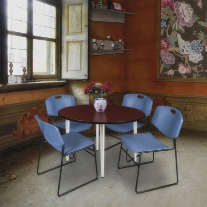 48 Round Breakroom Table- Mahogany Top, Chrome Base & 4 Zeng Stack Chairs- Blue