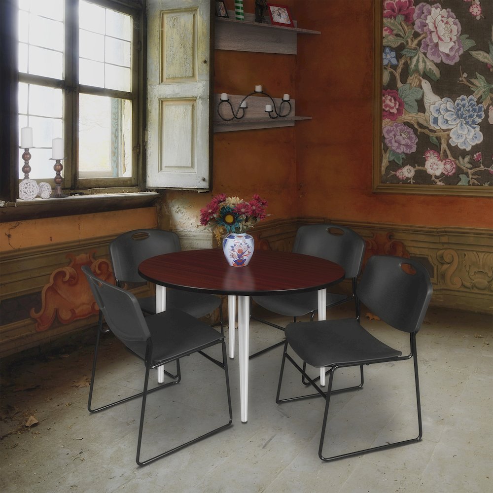 48 Round Breakroom Table- Mahogany Top, Chrome Base & 4 Zeng Stack Chairs- Black