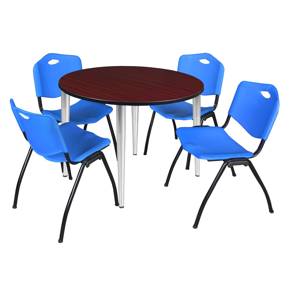 48 in. Round Breakroom Table- Mahogany Top, Chrome Base & 4 M Stack Chairs- Blue