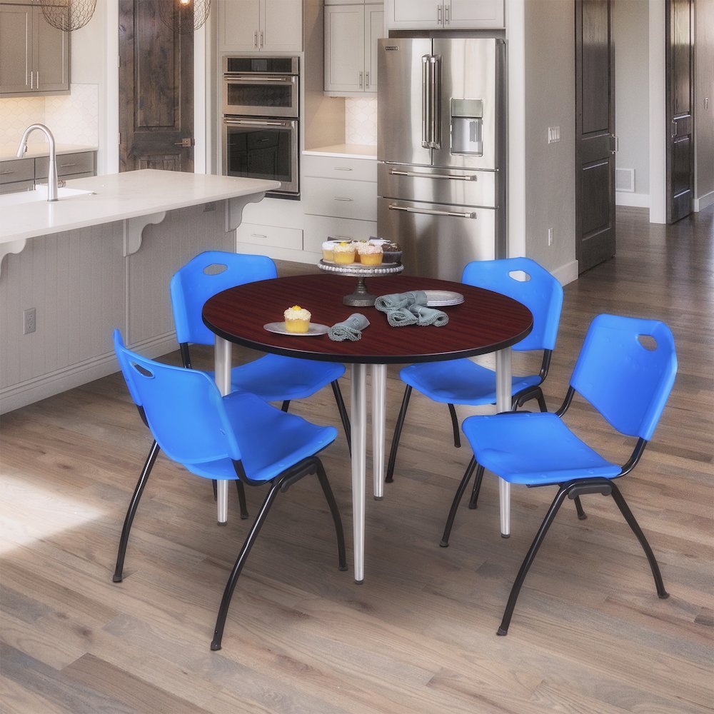 48 in. Round Breakroom Table- Mahogany Top, Chrome Base & 4 M Stack Chairs- Blue