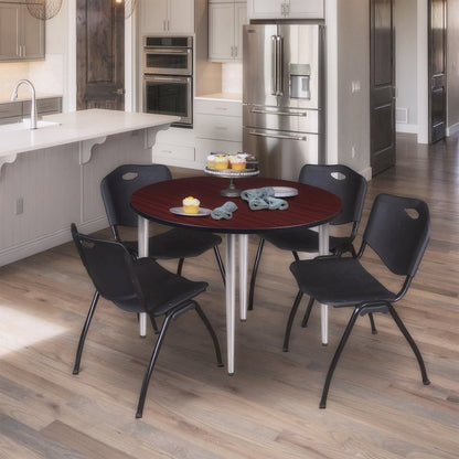 48 Round Breakroom Table- Mahogany Top, Chrome Base & 4 M Stack Chairs- Black