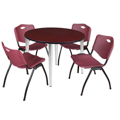48 Round Breakroom Table- Mahogany Top, Chrome Base & 4 M Stack Chairs- Burgundy