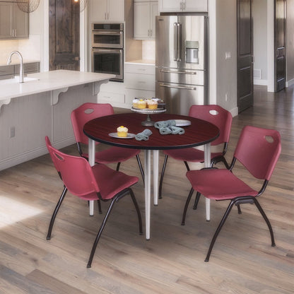 48 Round Breakroom Table- Mahogany Top, Chrome Base & 4 M Stack Chairs- Burgundy