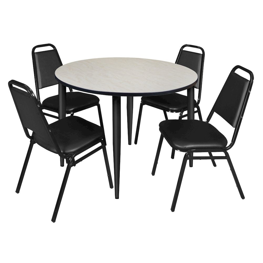 48 Round Breakroom Table- Maple Top, Black Base & 4 Stack Chairs- Black